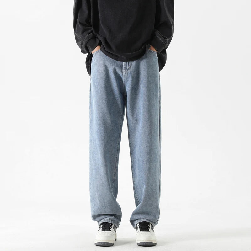 2026 New Korean Men's Casual Long Jeans Classic Man Straight Denim Wide-leg Pants Solid Color Light Blue Grey Black