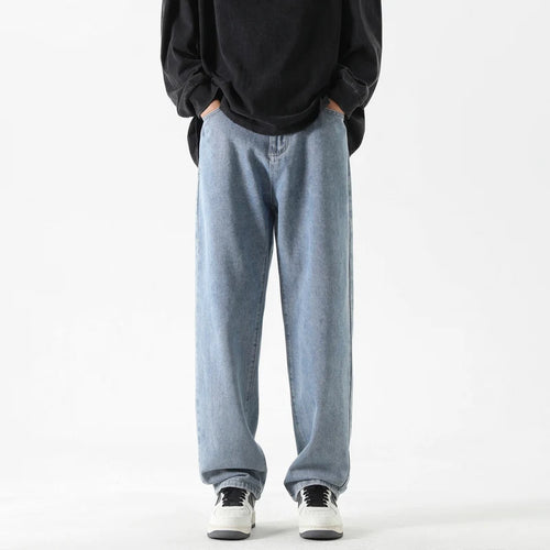2026 New Korean Men's Casual Long Jeans Classic Man Straight Denim Wide-leg Pants Solid Color Light Blue Grey Black