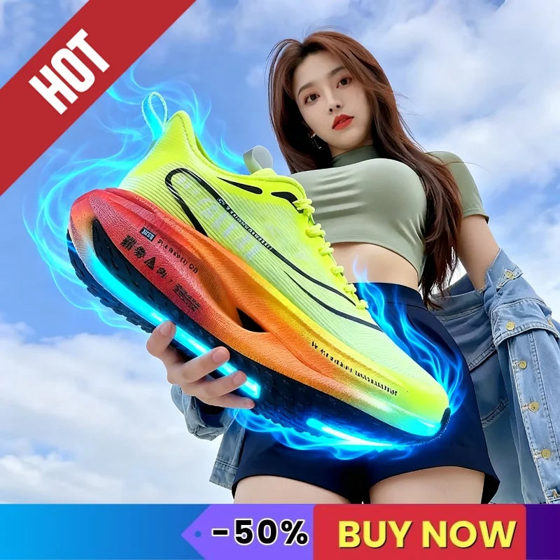 Fluorescence Sports Running Shoes Men Marathon Sneakers CarbonPlate Lightweight Breathable Comfortable Women Athletic Sneakers