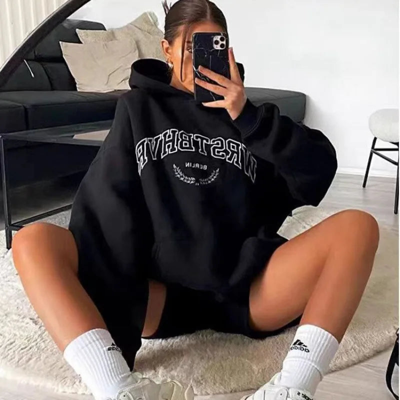Womens Oversized Letter Print Hoodies Graphic Fleece Sweatshirts Long Sleeve Pullover with Pocket 2025