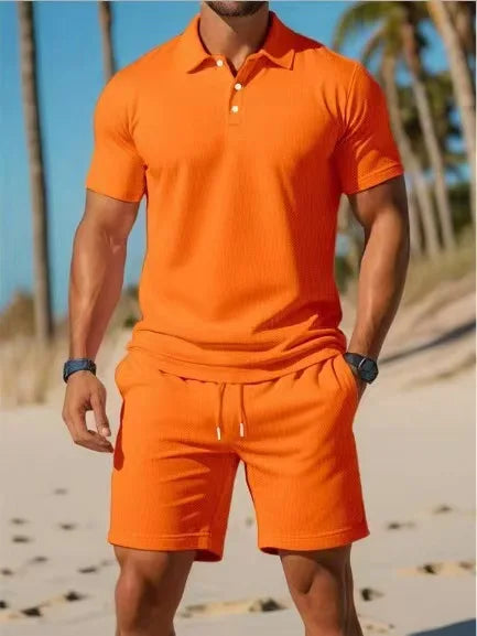 Summer new men's polo shirt set casual sporty cool fashionable slim fit solid color short sleeved shorts set men's