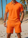 Summer new men's polo shirt set casual sporty cool fashionable slim fit solid color short sleeved shorts set men's