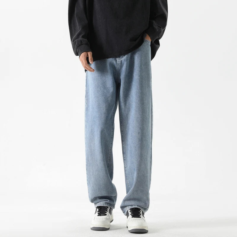 2026 New Korean Men's Casual Long Jeans Classic Man Straight Denim Wide-leg Pants Solid Color Light Blue Grey Black