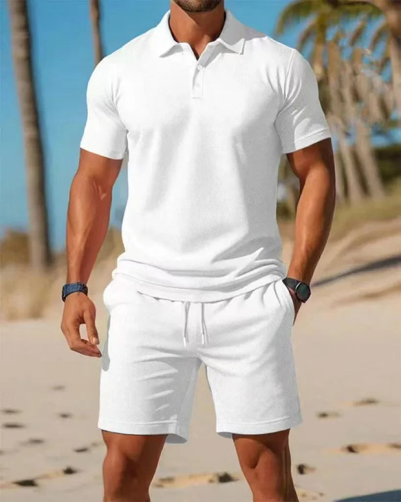 Summer new men's polo shirt set casual sporty cool fashionable slim fit solid color short sleeved shorts set men's