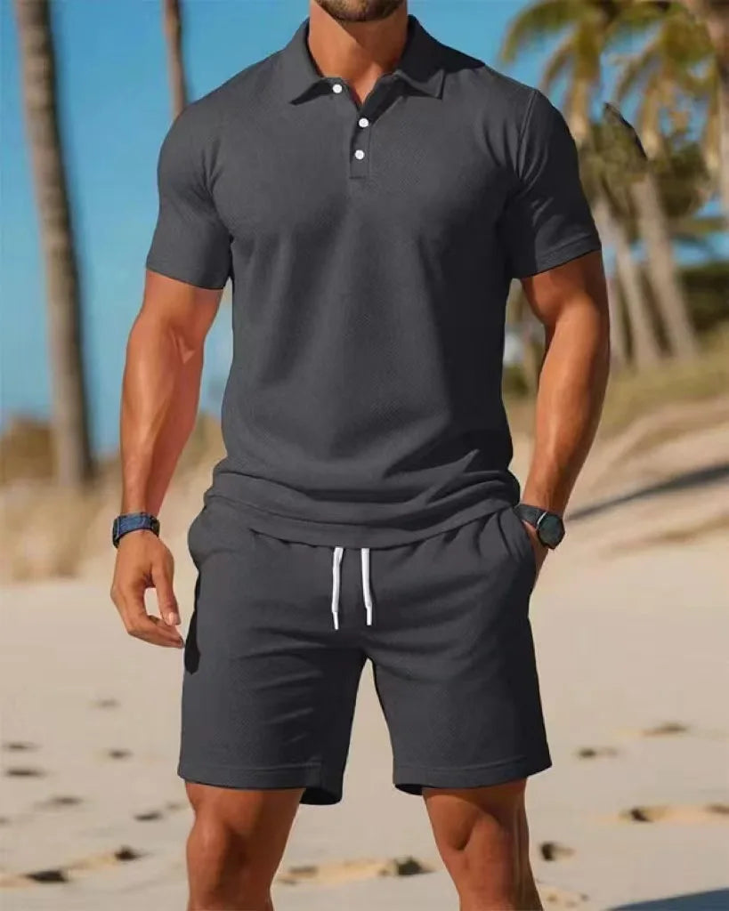 Summer new men's polo shirt set casual sporty cool fashionable slim fit solid color short sleeved shorts set men's